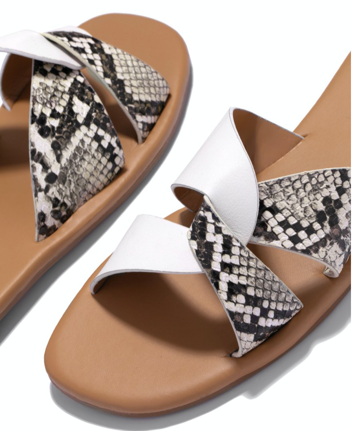 "Vacay On" Snake Print Slide Sandals- White